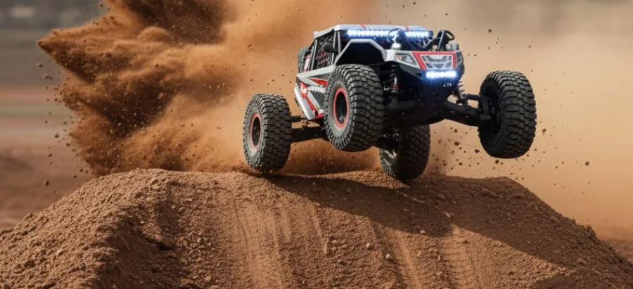 Une RC arrivant de face dans un nuage de poussière