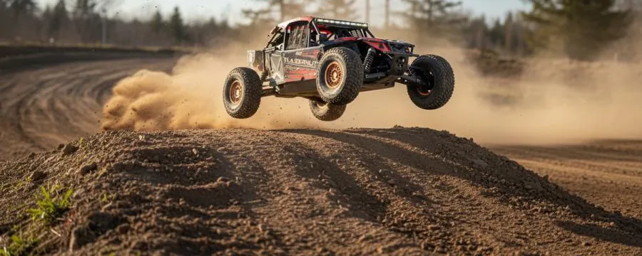 Une RC de bash en plein saut au-dessus d'une bosse de terre